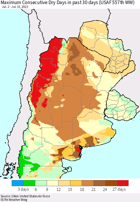 Southern South America Maximum Consecutive Dry Days in past 30 days (USAF 557th WW) 07/31/2023 Thematic Map For 7/26/2023 - 7/31/2023