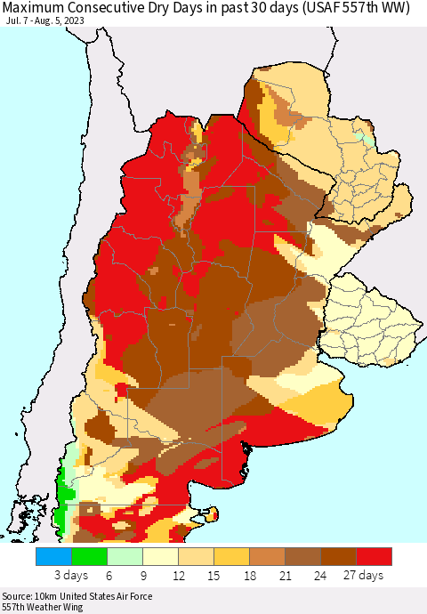 Southern South America Maximum Consecutive Dry Days in past 30 days (USAF 557th WW) 08/05/2023 Thematic Map For 8/1/2023 - 8/5/2023