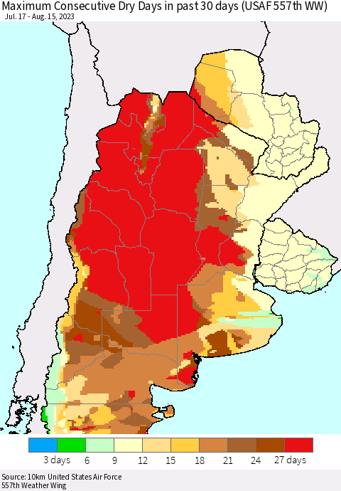 Southern South America Maximum Consecutive Dry Days in past 30 days (USAF 557th WW) 08/15/2023 Thematic Map For 8/11/2023 - 8/15/2023