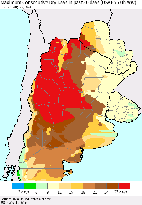 Southern South America Maximum Consecutive Dry Days in past 30 days (USAF 557th WW) 08/25/2023 Thematic Map For 8/21/2023 - 8/25/2023