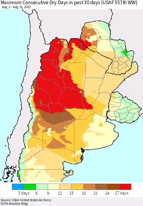 Southern South America Maximum Consecutive Dry Days in past 30 days (USAF 557th WW) 08/31/2023 Thematic Map For 8/26/2023 - 8/31/2023