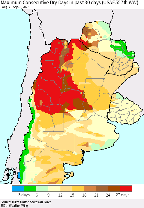 Southern South America Maximum Consecutive Dry Days in past 30 days (USAF 557th WW) 09/05/2023 Thematic Map For 9/1/2023 - 9/5/2023