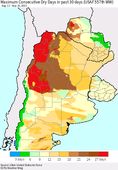 Southern South America Maximum Consecutive Dry Days in past 30 days (USAF 557th WW) 09/10/2023 Thematic Map For 9/6/2023 - 9/10/2023