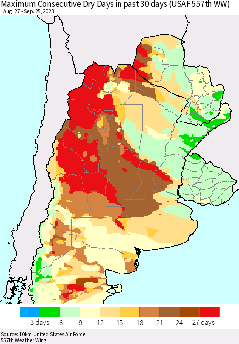 Southern South America Maximum Consecutive Dry Days in past 30 days (USAF 557th WW) 09/25/2023 Thematic Map For 9/21/2023 - 9/25/2023