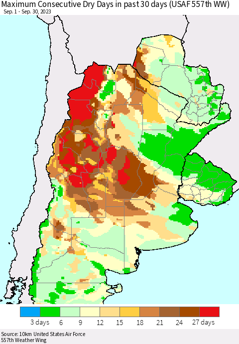 Southern South America Maximum Consecutive Dry Days in past 30 days (USAF 557th WW) 09/30/2023 Thematic Map For 9/26/2023 - 9/30/2023