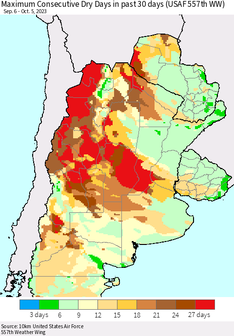 Southern South America Maximum Consecutive Dry Days in past 30 days (USAF 557th WW) 10/05/2023 Thematic Map For 10/1/2023 - 10/5/2023