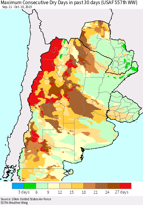 Southern South America Maximum Consecutive Dry Days in past 30 days (USAF 557th WW) 10/10/2023 Thematic Map For 10/6/2023 - 10/10/2023