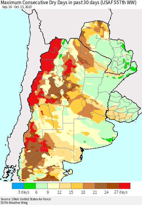 Southern South America Maximum Consecutive Dry Days in past 30 days (USAF 557th WW) 10/15/2023 Thematic Map For 10/11/2023 - 10/15/2023