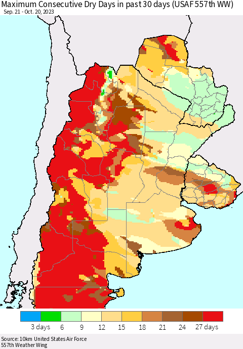 Southern South America Maximum Consecutive Dry Days in past 30 days (USAF 557th WW) 10/20/2023 Thematic Map For 10/16/2023 - 10/20/2023