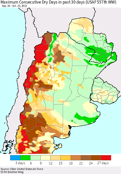 Southern South America Maximum Consecutive Dry Days in past 30 days (USAF 557th WW) 10/25/2023 Thematic Map For 10/21/2023 - 10/25/2023
