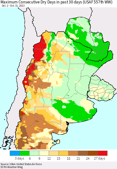 Southern South America Maximum Consecutive Dry Days in past 30 days (USAF 557th WW) 10/31/2023 Thematic Map For 10/26/2023 - 10/31/2023