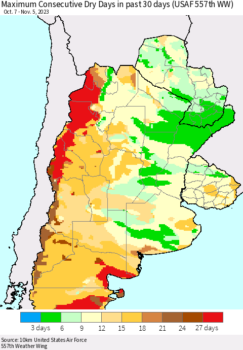 Southern South America Maximum Consecutive Dry Days in past 30 days (USAF 557th WW) 11/05/2023 Thematic Map For 11/1/2023 - 11/5/2023