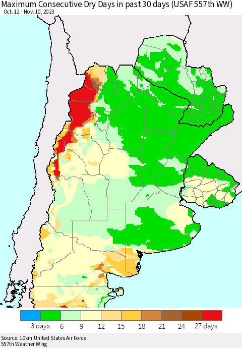 Southern South America Maximum Consecutive Dry Days in past 30 days (USAF 557th WW) 11/10/2023 Thematic Map For 11/6/2023 - 11/10/2023