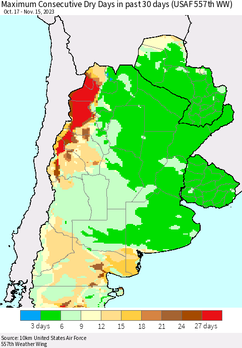 Southern South America Maximum Consecutive Dry Days in past 30 days (USAF 557th WW) 11/15/2023 Thematic Map For 11/11/2023 - 11/15/2023
