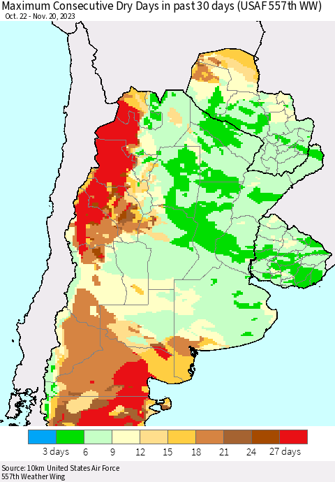 Southern South America Maximum Consecutive Dry Days in past 30 days (USAF 557th WW) 11/20/2023 Thematic Map For 11/16/2023 - 11/20/2023