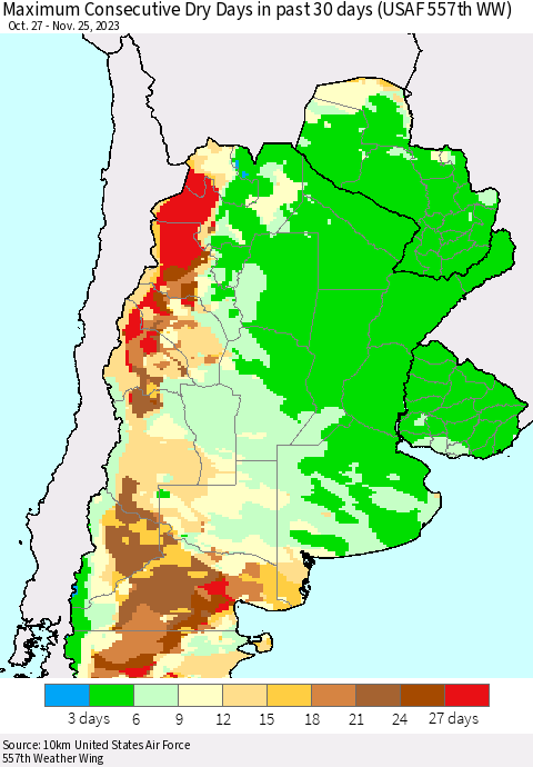 Southern South America Maximum Consecutive Dry Days in past 30 days (USAF 557th WW) 11/25/2023 Thematic Map For 11/21/2023 - 11/25/2023