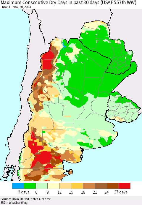 Southern South America Maximum Consecutive Dry Days in past 30 days (USAF 557th WW) 11/30/2023 Thematic Map For 11/26/2023 - 11/30/2023