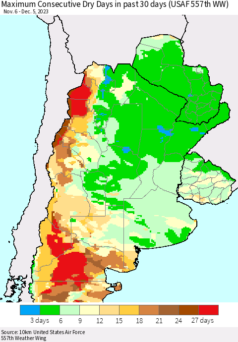Southern South America Maximum Consecutive Dry Days in past 30 days (USAF 557th WW) 12/05/2023 Thematic Map For 12/1/2023 - 12/5/2023