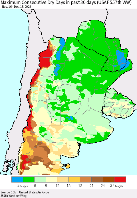 Southern South America Maximum Consecutive Dry Days in past 30 days (USAF 557th WW) 12/15/2023 Thematic Map For 12/11/2023 - 12/15/2023