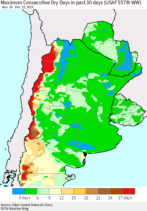 Southern South America Maximum Consecutive Dry Days in past 30 days (USAF 557th WW) 12/25/2023 Thematic Map For 12/21/2023 - 12/25/2023