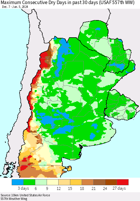 Southern South America Maximum Consecutive Dry Days in past 30 days (USAF 557th WW) 01/05/2024 Thematic Map For 1/1/2024 - 1/5/2024