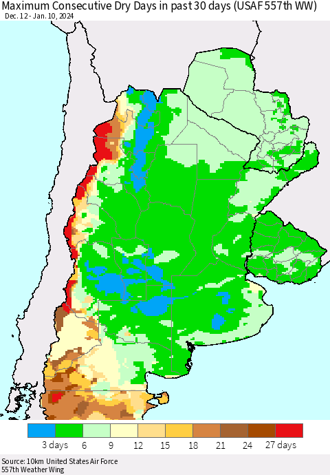 Southern South America Maximum Consecutive Dry Days in past 30 days (USAF 557th WW) 01/10/2024 Thematic Map For 1/6/2024 - 1/10/2024