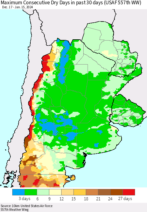 Southern South America Maximum Consecutive Dry Days in past 30 days (USAF 557th WW) 01/15/2024 Thematic Map For 1/11/2024 - 1/15/2024