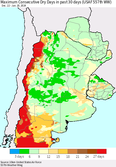 Southern South America Maximum Consecutive Dry Days in past 30 days (USAF 557th WW) 01/20/2024 Thematic Map For 1/16/2024 - 1/20/2024