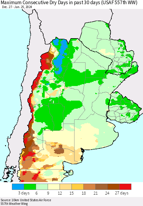 Southern South America Maximum Consecutive Dry Days in past 30 days (USAF 557th WW) 01/25/2024 Thematic Map For 1/21/2024 - 1/25/2024