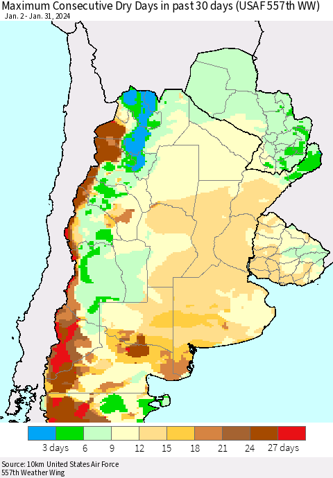 Southern South America Maximum Consecutive Dry Days in past 30 days (USAF 557th WW) 01/31/2024 Thematic Map For 1/26/2024 - 1/31/2024