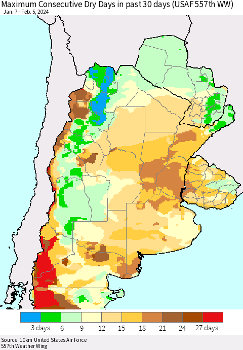 Southern South America Maximum Consecutive Dry Days in past 30 days (USAF 557th WW) 02/05/2024 Thematic Map For 2/1/2024 - 2/5/2024