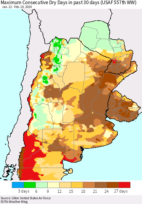 Southern South America Maximum Consecutive Dry Days in past 30 days (USAF 557th WW) 02/10/2024 Thematic Map For 2/6/2024 - 2/10/2024