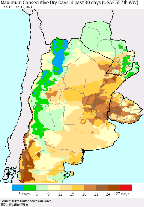 Southern South America Maximum Consecutive Dry Days in past 30 days (USAF 557th WW) 02/15/2024 Thematic Map For 2/11/2024 - 2/15/2024