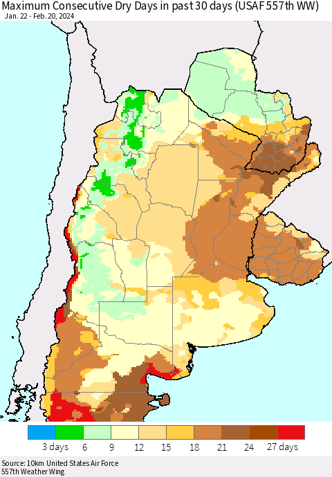 Southern South America Maximum Consecutive Dry Days in past 30 days (USAF 557th WW) 02/20/2024 Thematic Map For 2/16/2024 - 2/20/2024