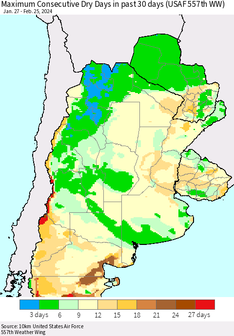 Southern South America Maximum Consecutive Dry Days in past 30 days (USAF 557th WW) 02/25/2024 Thematic Map For 2/21/2024 - 2/25/2024