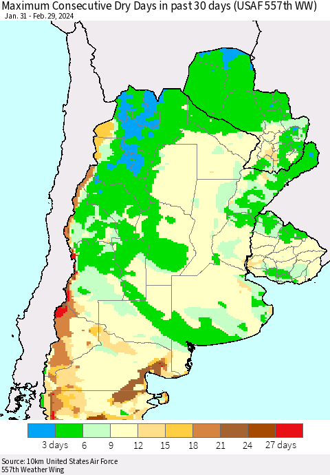 Southern South America Maximum Consecutive Dry Days in past 30 days (USAF 557th WW) 02/29/2024 Thematic Map For 2/26/2024 - 2/29/2024