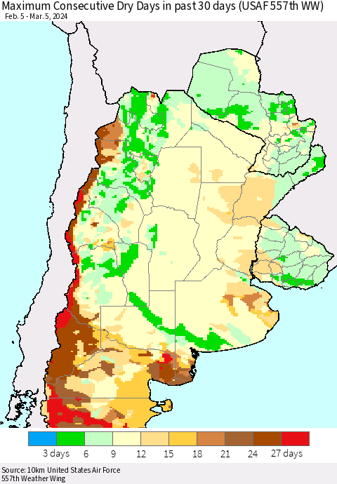 Southern South America Maximum Consecutive Dry Days in past 30 days (USAF 557th WW) 03/05/2024 Thematic Map For 3/1/2024 - 3/5/2024