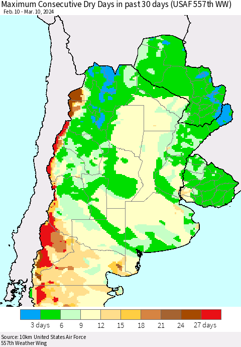 Southern South America Maximum Consecutive Dry Days in past 30 days (USAF 557th WW) 03/10/2024 Thematic Map For 3/6/2024 - 3/10/2024