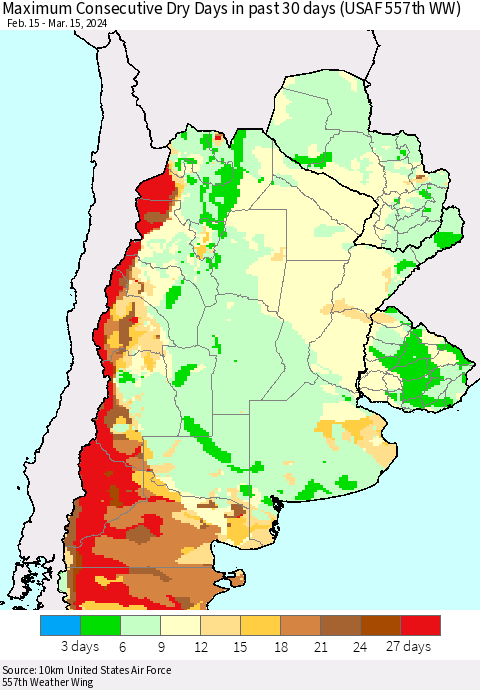 Southern South America Maximum Consecutive Dry Days in past 30 days (USAF 557th WW) 03/15/2024 Thematic Map For 3/11/2024 - 3/15/2024