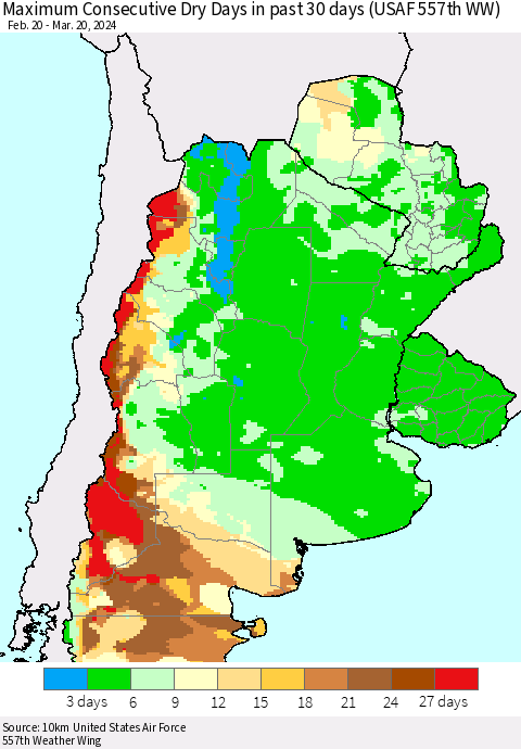 Southern South America Maximum Consecutive Dry Days in past 30 days (USAF 557th WW) 03/20/2024 Thematic Map For 3/16/2024 - 3/20/2024