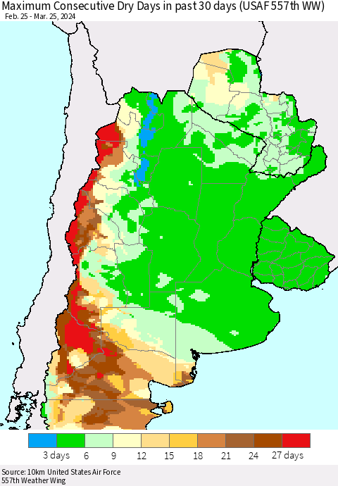 Southern South America Maximum Consecutive Dry Days in past 30 days (USAF 557th WW) 03/25/2024 Thematic Map For 3/21/2024 - 3/25/2024
