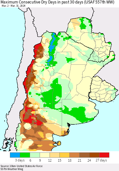 Southern South America Maximum Consecutive Dry Days in past 30 days (USAF 557th WW) 03/31/2024 Thematic Map For 3/26/2024 - 3/31/2024