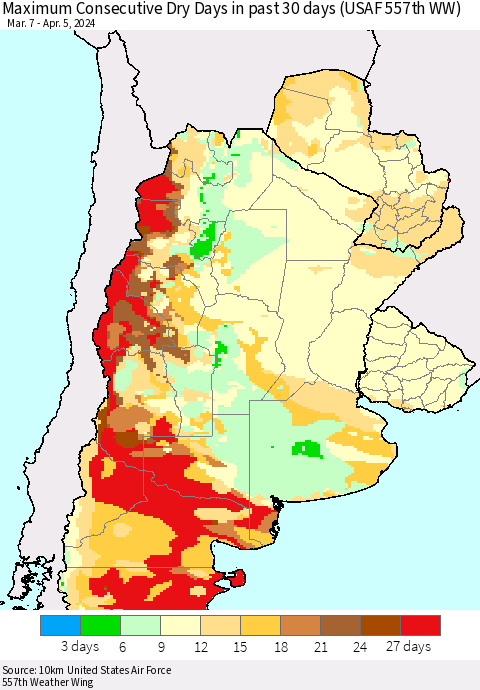 Southern South America Maximum Consecutive Dry Days in past 30 days (USAF 557th WW) 04/05/2024 Thematic Map For 4/1/2024 - 4/5/2024