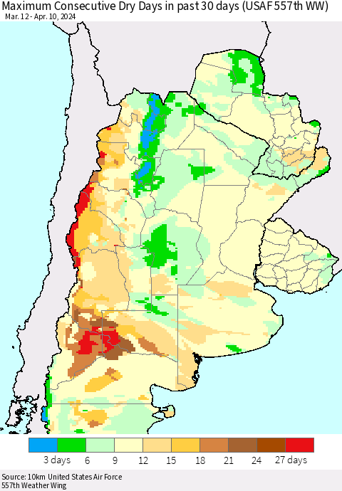 Southern South America Maximum Consecutive Dry Days in past 30 days (USAF 557th WW) 04/10/2024 Thematic Map For 4/6/2024 - 4/10/2024