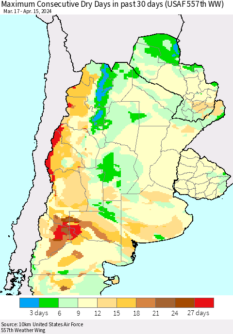 Southern South America Maximum Consecutive Dry Days in past 30 days (USAF 557th WW) 04/15/2024 Thematic Map For 4/11/2024 - 4/15/2024