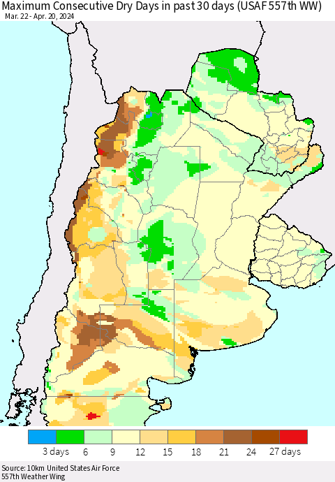 Southern South America Maximum Consecutive Dry Days in past 30 days (USAF 557th WW) 04/20/2024 Thematic Map For 4/16/2024 - 4/20/2024