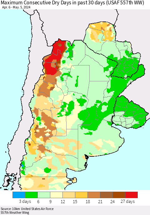 Southern South America Maximum Consecutive Dry Days in past 30 days (USAF 557th WW) 05/05/2024 Thematic Map For 5/1/2024 - 5/5/2024