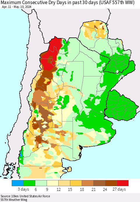 Southern South America Maximum Consecutive Dry Days in past 30 days (USAF 557th WW) 05/10/2024 Thematic Map For 5/6/2024 - 5/10/2024