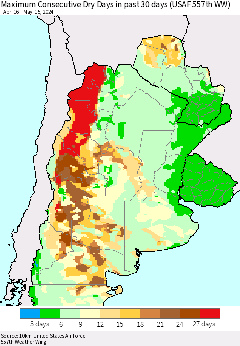 Southern South America Maximum Consecutive Dry Days in past 30 days (USAF 557th WW) 05/15/2024 Thematic Map For 5/11/2024 - 5/15/2024