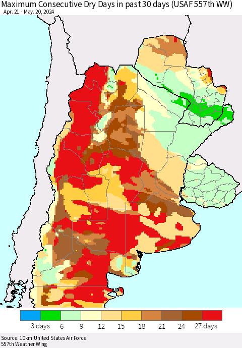 Southern South America Maximum Consecutive Dry Days in past 30 days (USAF 557th WW) 05/20/2024 Thematic Map For 5/16/2024 - 5/20/2024